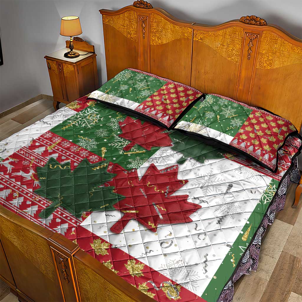 Canada Christmas Quilt Bed Set Maple Leaves Patchwork Style - Wonder Print Shop