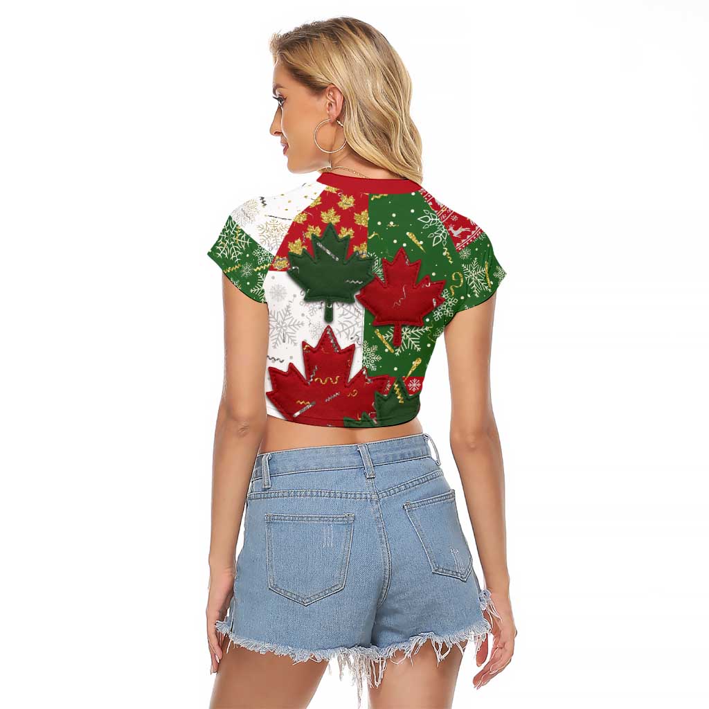 Canada Christmas Raglan Cropped T Shirt Maple Leaves Patchwork Style - Wonder Print Shop