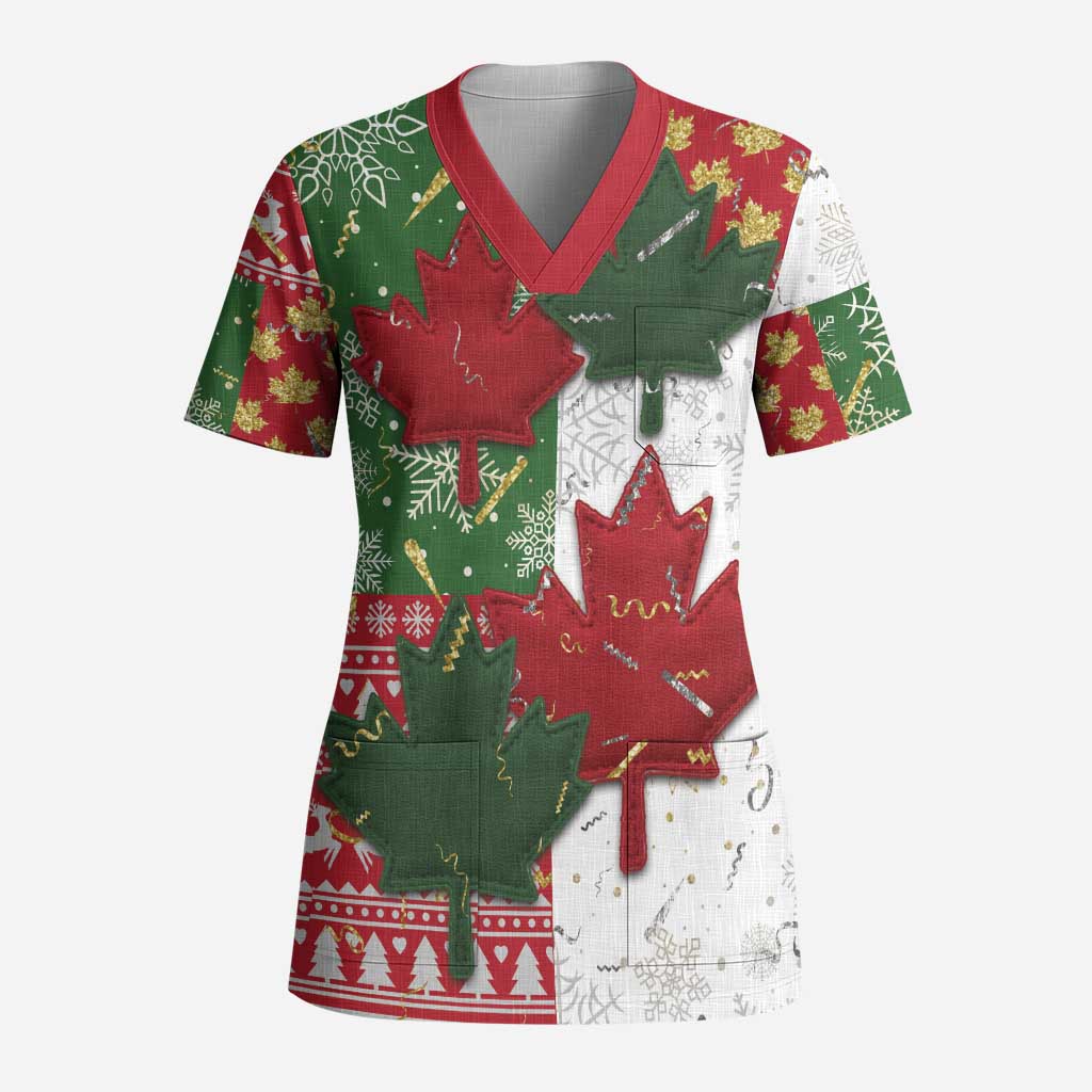 Canada Christmas Scrub Top Maple Leaves Patchwork Style - Wonder Print Shop