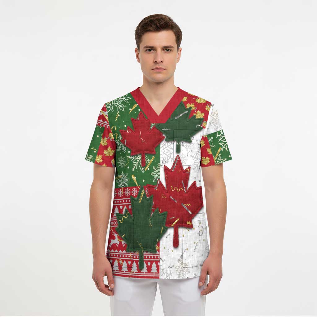 Canada Christmas Scrub Top Maple Leaves Patchwork Style - Wonder Print Shop