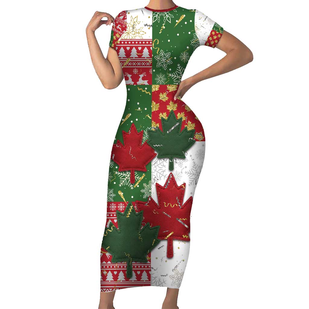 Canada Christmas Short Sleeve Bodycon Dress Maple Leaves Patchwork Style - Wonder Print Shop