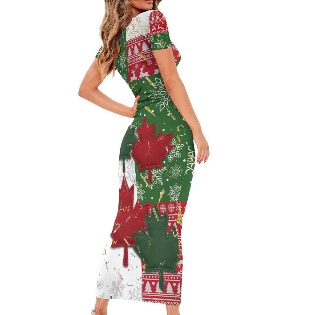 Canada Christmas Short Sleeve Bodycon Dress Maple Leaves Patchwork Style - Wonder Print Shop