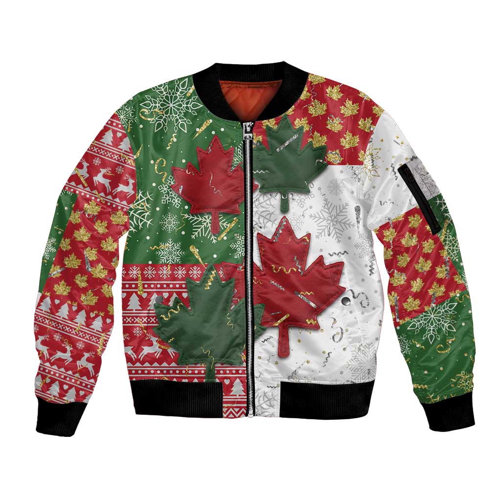 Canada Christmas Sleeve Zip Bomber Jacket Maple Leaves Patchwork Style - Wonder Print Shop