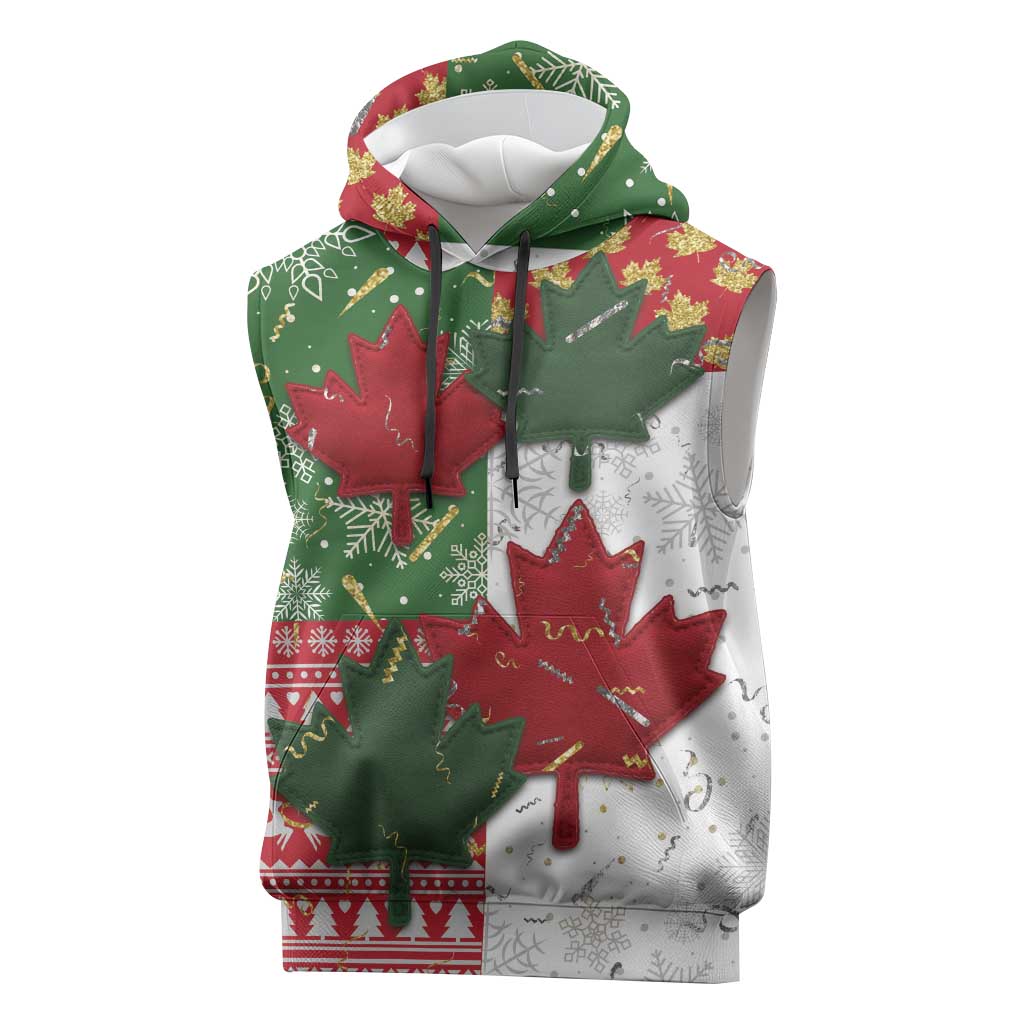 Canada Christmas Sleeveless Hoodie Maple Leaves Patchwork Style - Wonder Print Shop