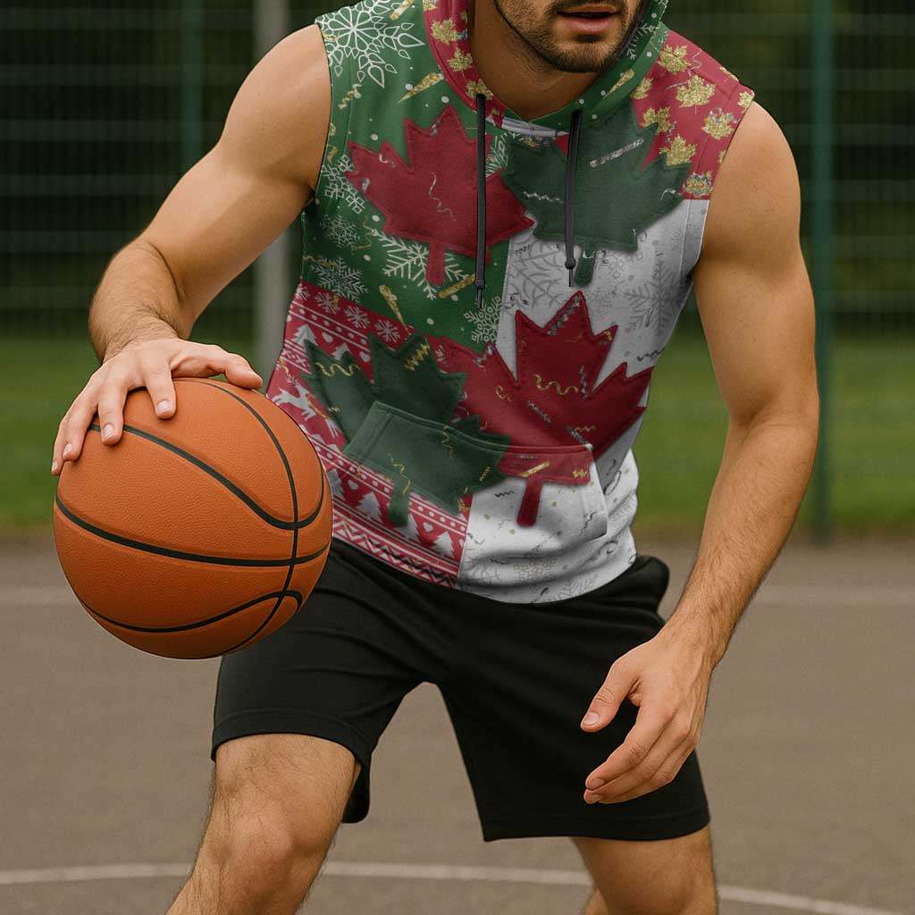 Canada Christmas Sleeveless Hoodie Maple Leaves Patchwork Style - Wonder Print Shop