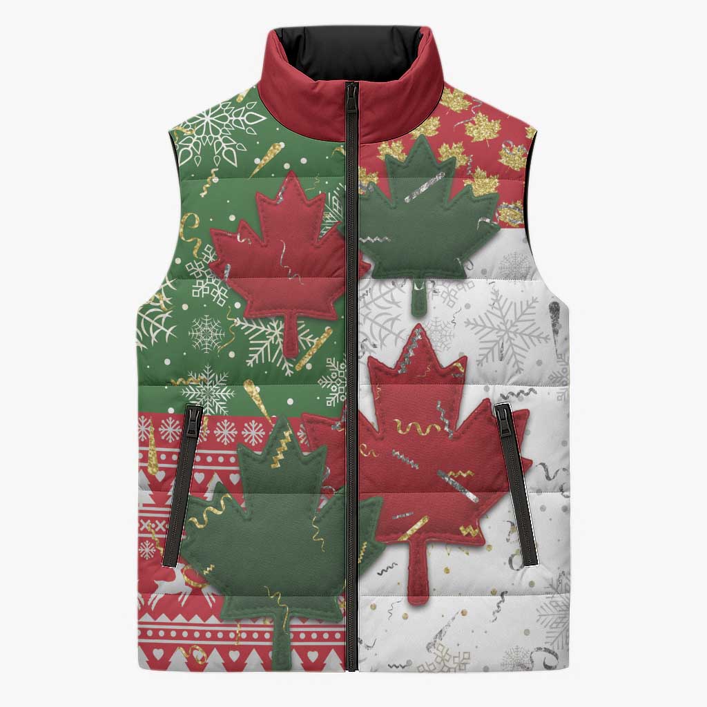 Canada Christmas Sleeveless Puffer Jacket Maple Leaves Patchwork Style - Wonder Print Shop