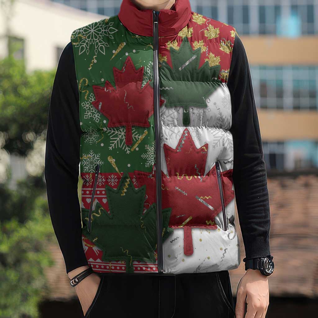 Canada Christmas Sleeveless Puffer Jacket Maple Leaves Patchwork Style - Wonder Print Shop
