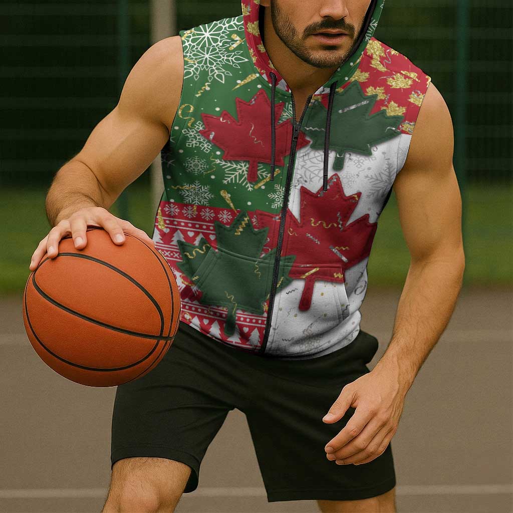 Canada Christmas Sleeveless Zip Hoodie Maple Leaves Patchwork Style - Wonder Print Shop