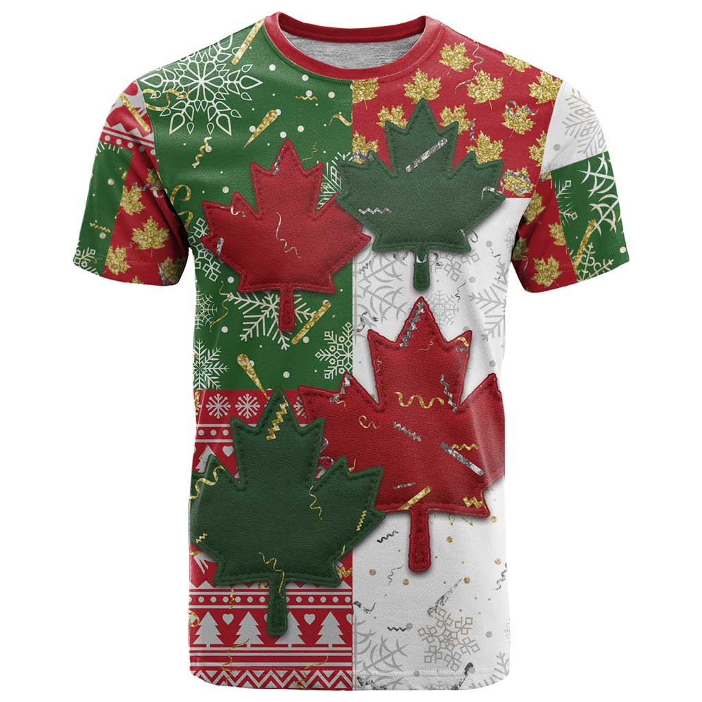 Canada Christmas T Shirt Maple Leaves Patchwork Style - Wonder Print Shop