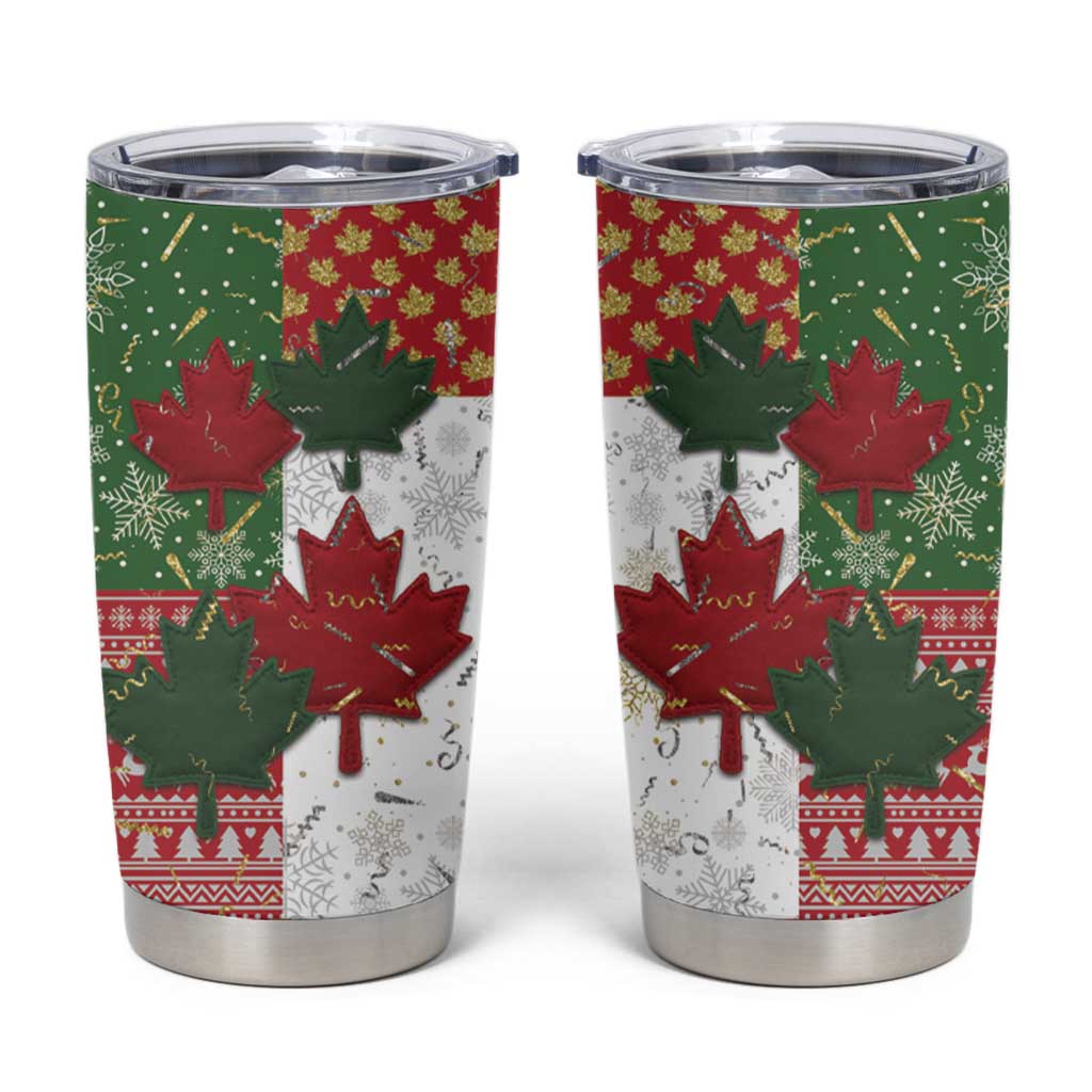 Canada Christmas Tumbler Cup Maple Leaves Patchwork Style - Wonder Print Shop