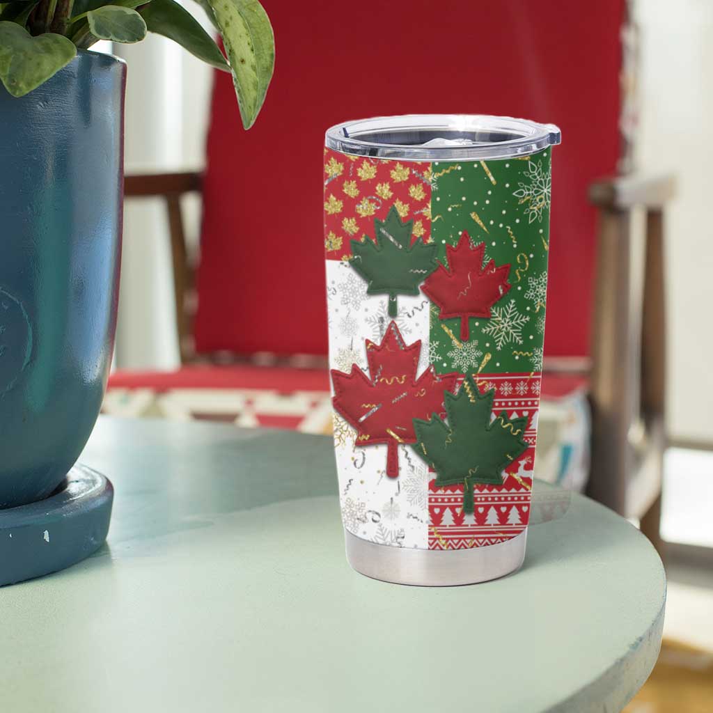 Canada Christmas Tumbler Cup Maple Leaves Patchwork Style - Wonder Print Shop