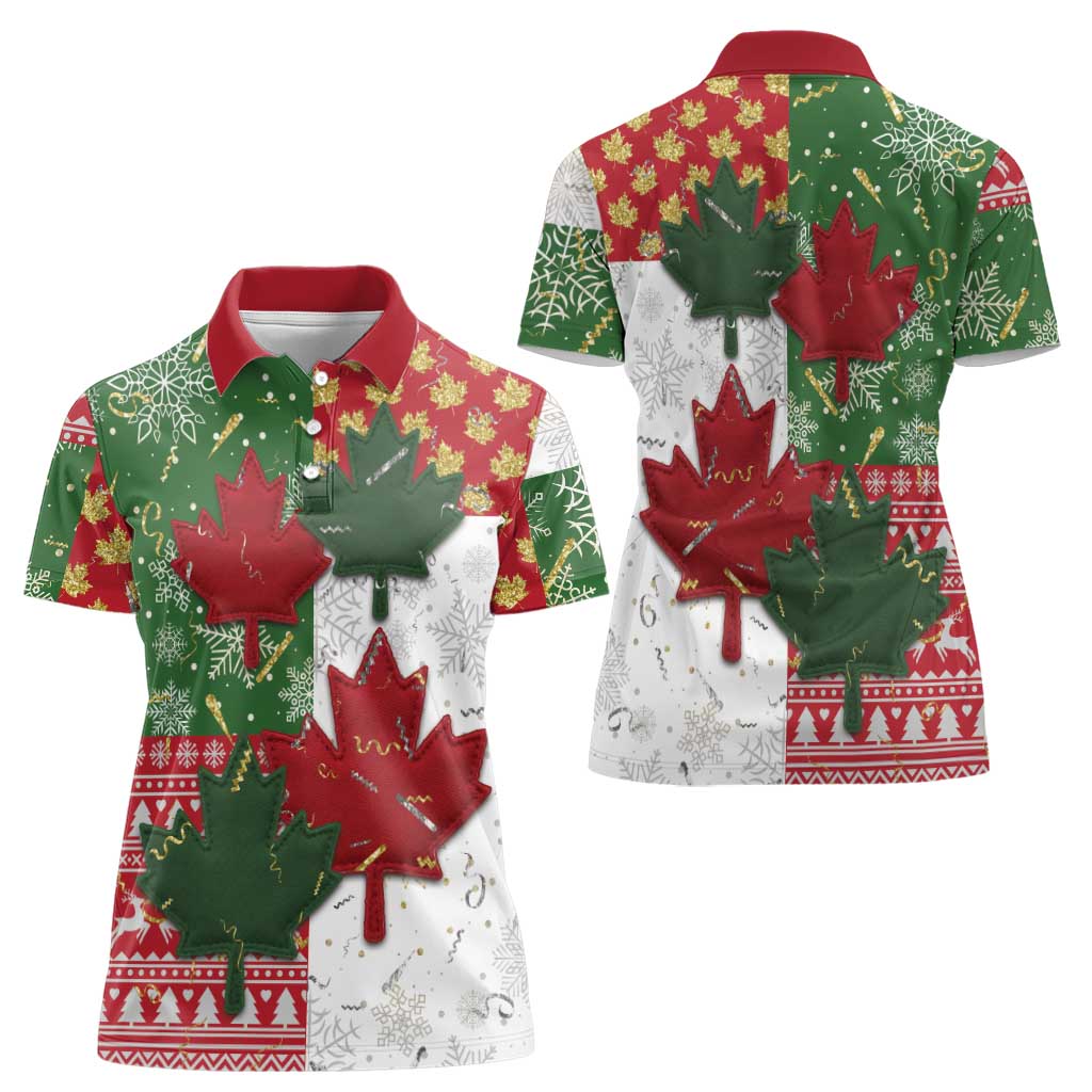 Canada Christmas Women Polo Shirt Maple Leaves Patchwork Style - Wonder Print Shop