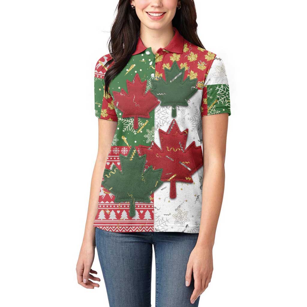 Canada Christmas Women Polo Shirt Maple Leaves Patchwork Style - Wonder Print Shop