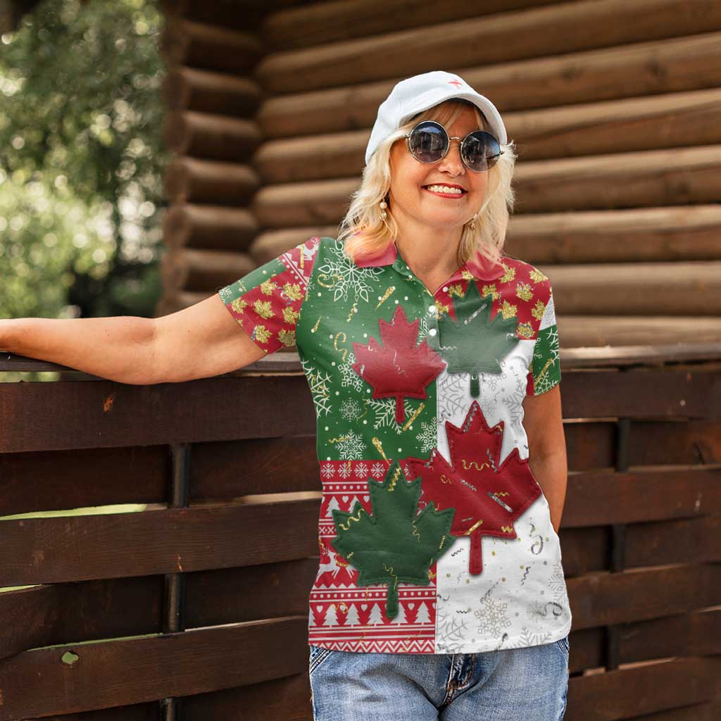 Canada Christmas Women Polo Shirt Maple Leaves Patchwork Style - Wonder Print Shop