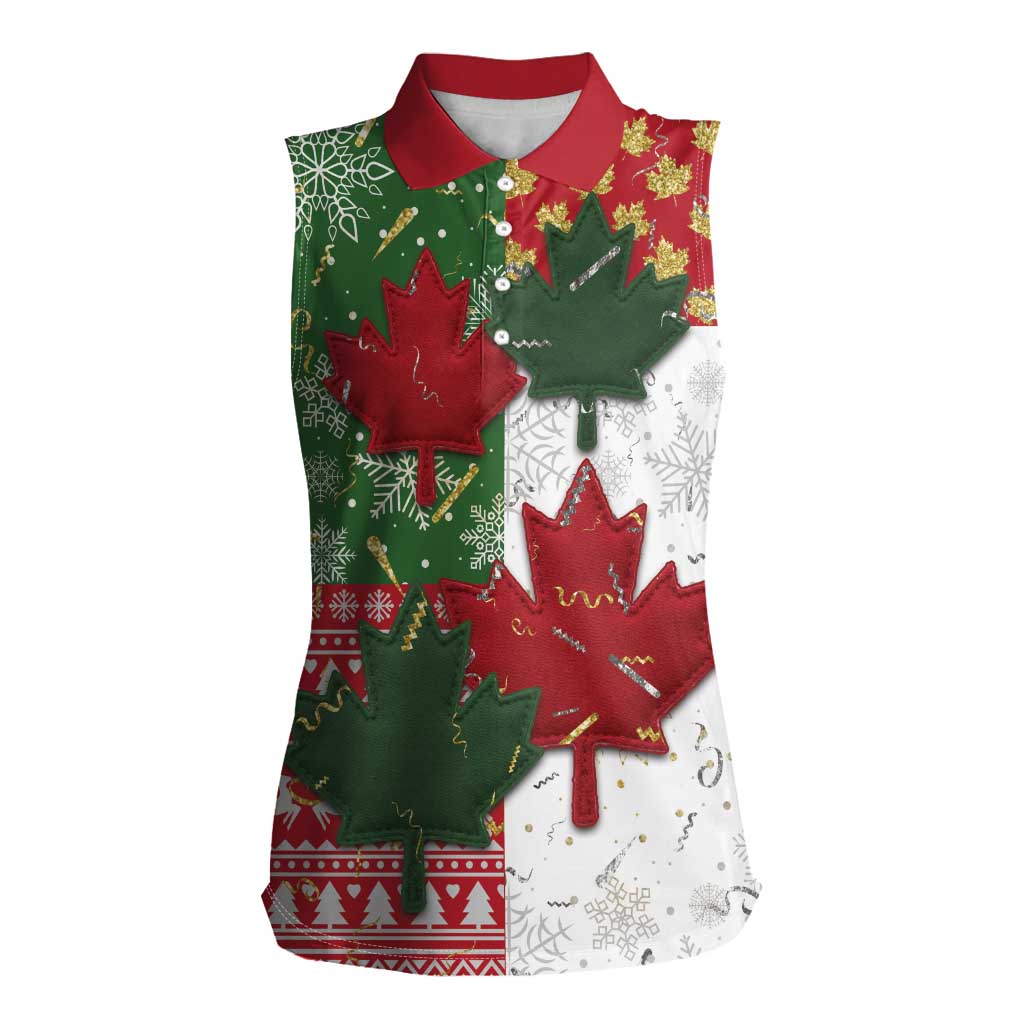 Canada Christmas Women Sleeveless Polo Shirt Maple Leaves Patchwork Style - Wonder Print Shop