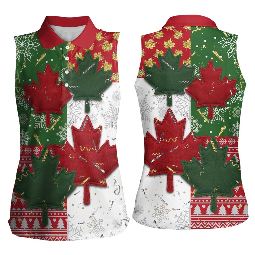 Canada Christmas Women Sleeveless Polo Shirt Maple Leaves Patchwork Style - Wonder Print Shop