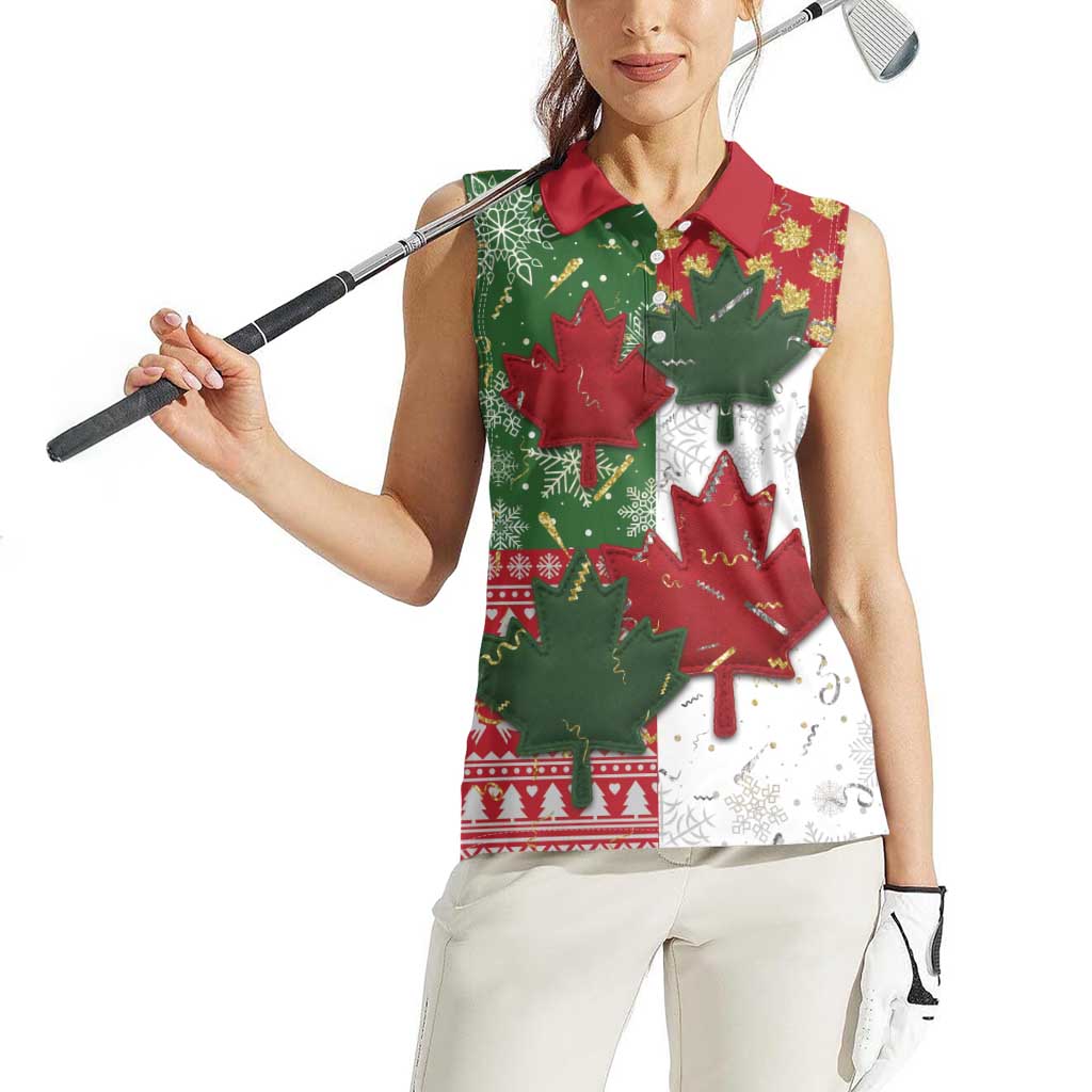 Canada Christmas Women Sleeveless Polo Shirt Maple Leaves Patchwork Style - Wonder Print Shop