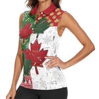 Canada Christmas Women Sleeveless Polo Shirt Maple Leaves Patchwork Style - Wonder Print Shop