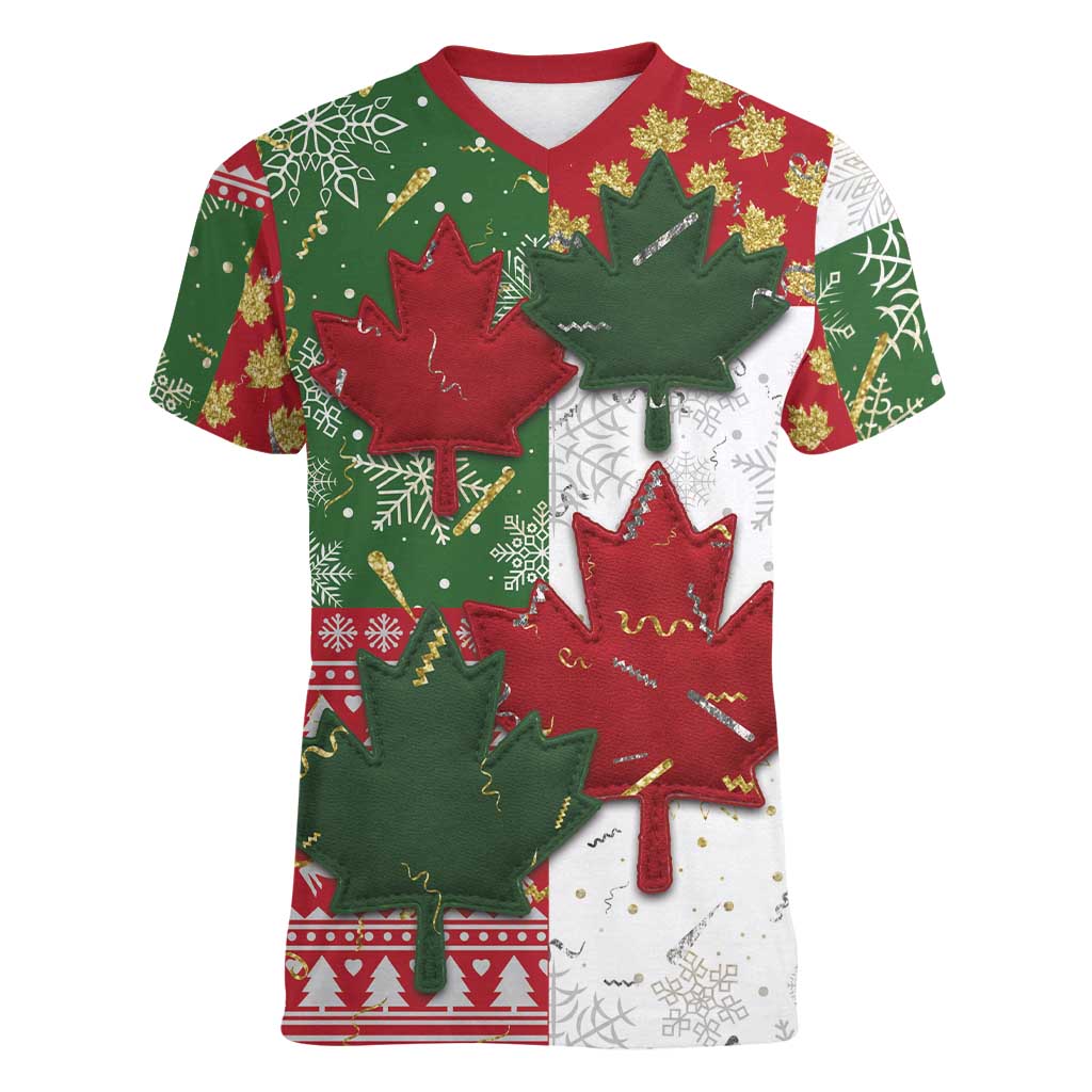 Canada Christmas Women V-Neck T-Shirt Maple Leaves Patchwork Style - Wonder Print Shop