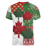 Canada Christmas Women V-Neck T-Shirt Maple Leaves Patchwork Style - Wonder Print Shop