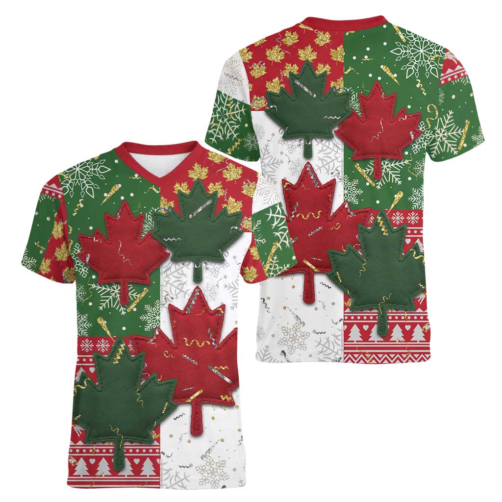 Canada Christmas Women V-Neck T-Shirt Maple Leaves Patchwork Style - Wonder Print Shop