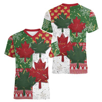 Canada Christmas Women V-Neck T-Shirt Maple Leaves Patchwork Style - Wonder Print Shop