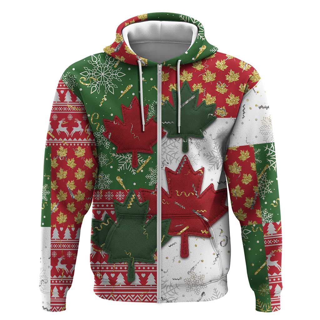 Canada Christmas Zip Hoodie Maple Leaves Patchwork Style - Wonder Print Shop