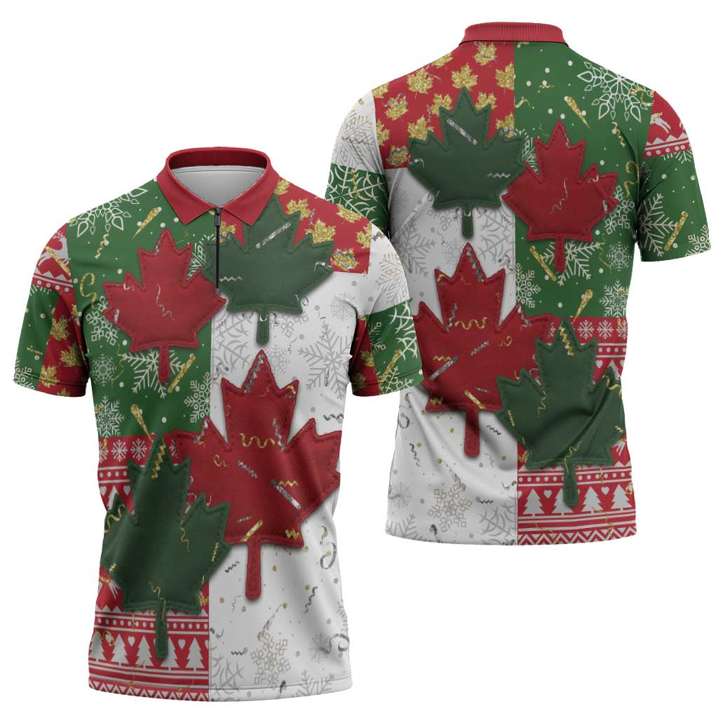 Canada Christmas Zipper Polo Shirt Maple Leaves Patchwork Style - Wonder Print Shop