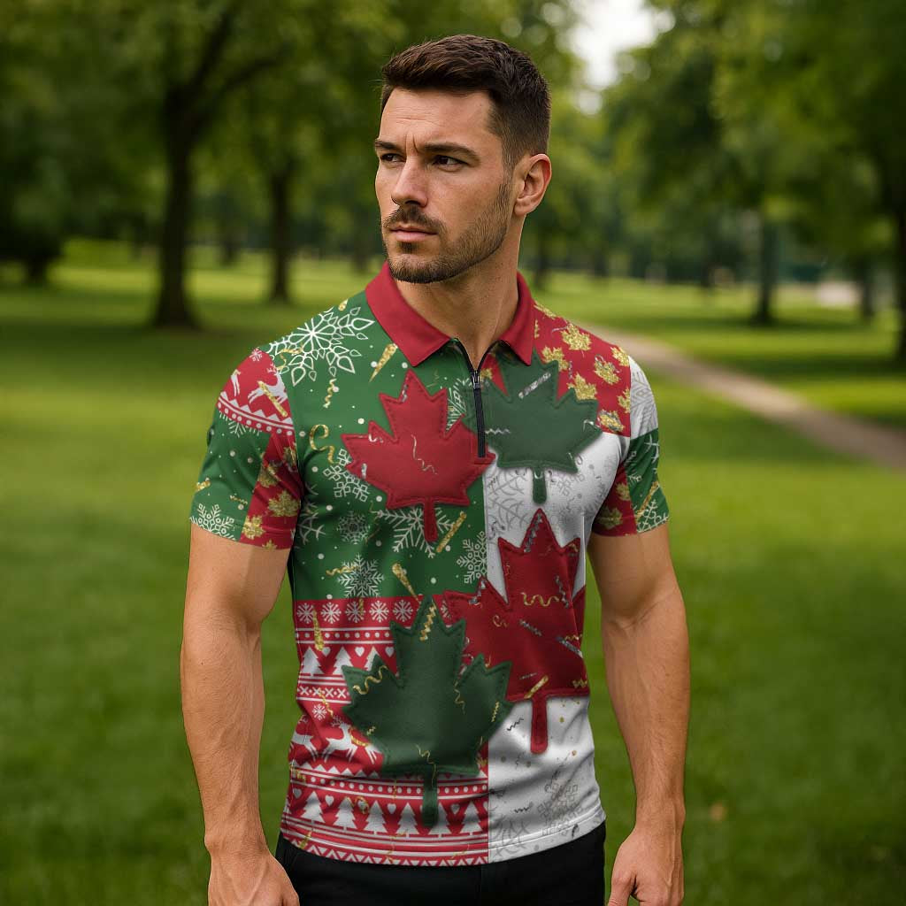 Canada Christmas Zipper Polo Shirt Maple Leaves Patchwork Style - Wonder Print Shop