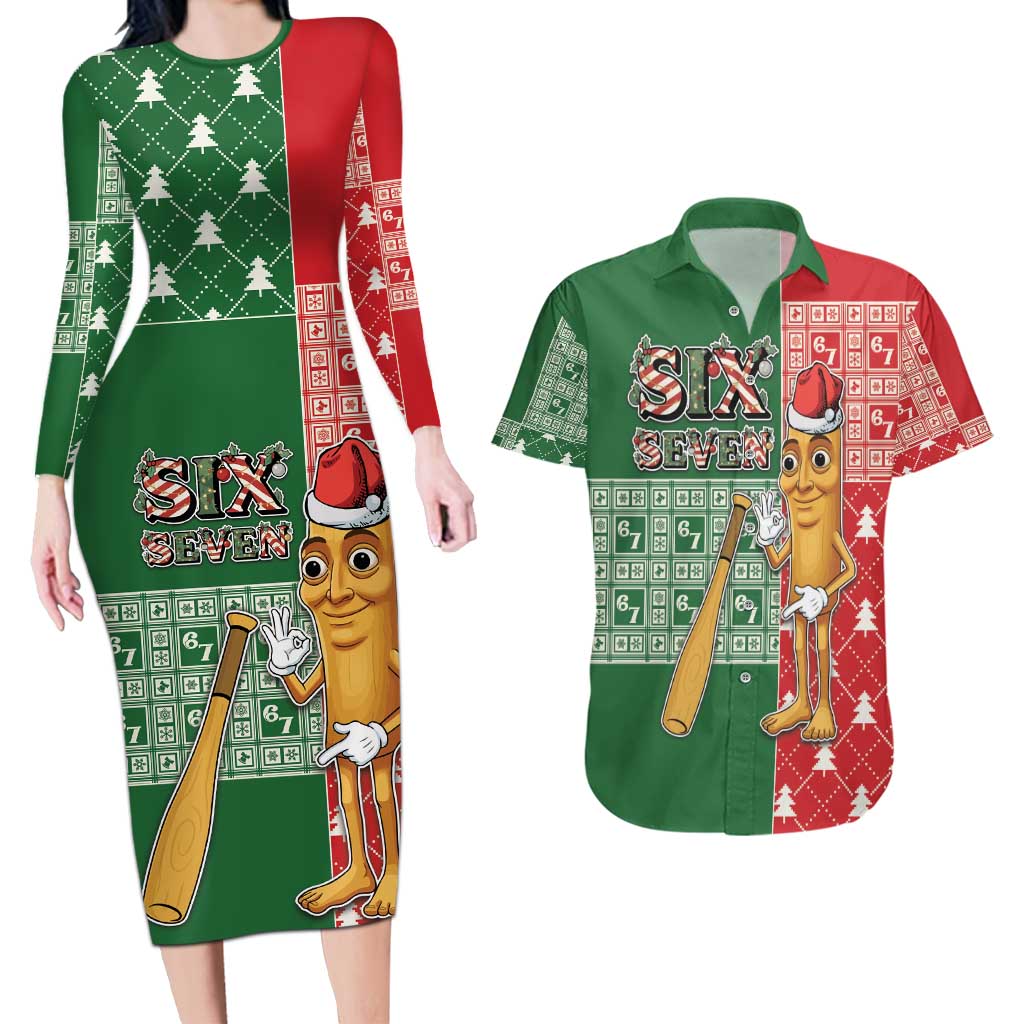 Six Seven Christmas Couples Matching Long Sleeve Bodycon Dress and Hawaiian Shirt Funny Tung Tung Tung Sahur - Wonder Print Shop
