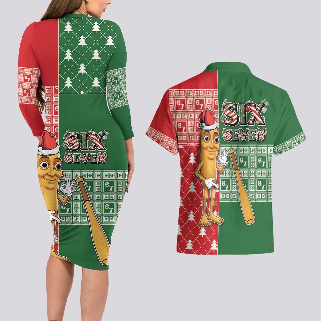 Six Seven Christmas Couples Matching Long Sleeve Bodycon Dress and Hawaiian Shirt Funny Tung Tung Tung Sahur - Wonder Print Shop
