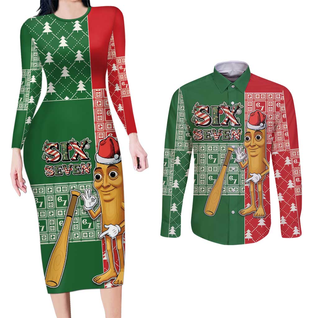 Six Seven Christmas Couples Matching Long Sleeve Bodycon Dress and Long Sleeve Button Shirt Funny Tung Tung Tung Sahur - Wonder Print Shop