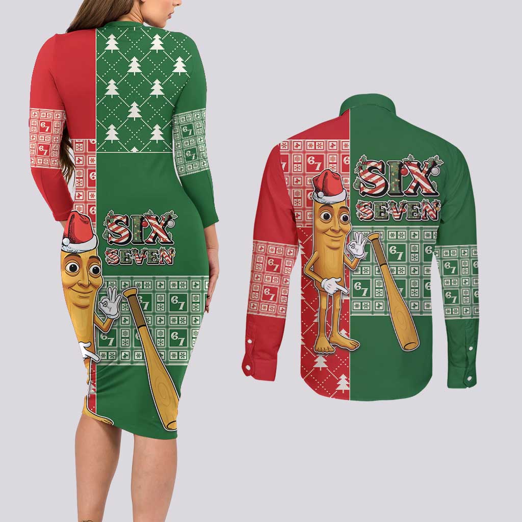 Six Seven Christmas Couples Matching Long Sleeve Bodycon Dress and Long Sleeve Button Shirt Funny Tung Tung Tung Sahur - Wonder Print Shop