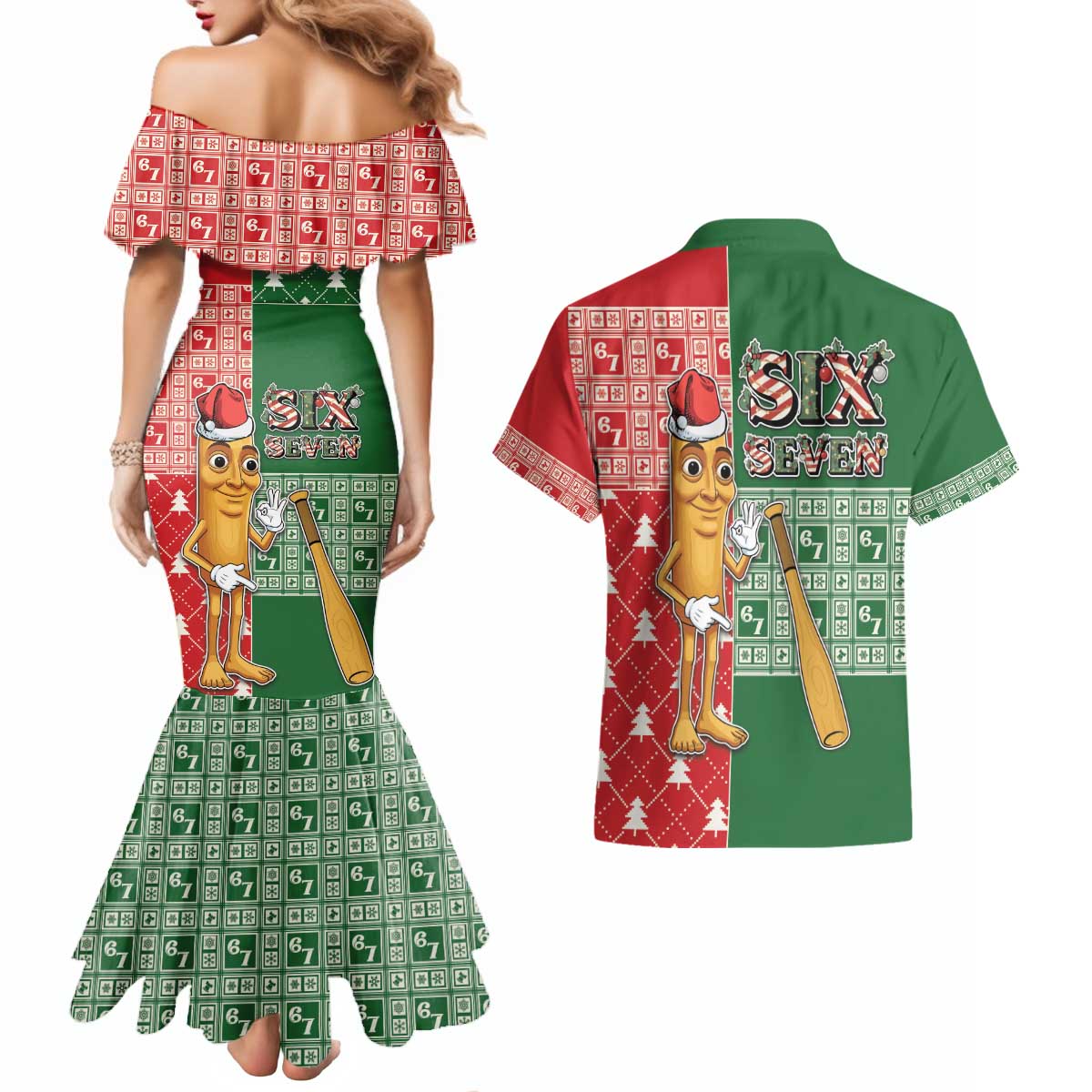 Six Seven Christmas Couples Matching Mermaid Dress and Hawaiian Shirt Funny Tung Tung Tung Sahur - Wonder Print Shop