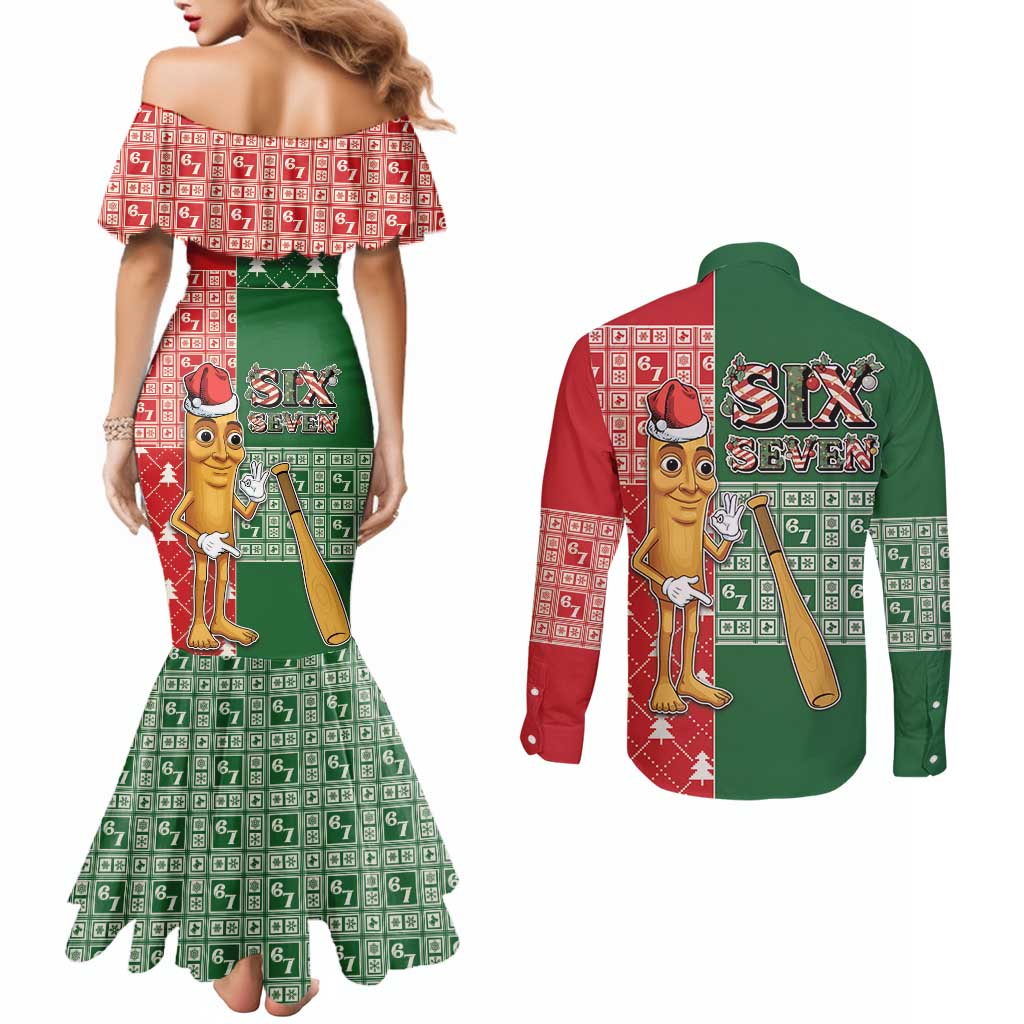 Six Seven Christmas Couples Matching Mermaid Dress and Long Sleeve Button Shirt Funny Tung Tung Tung Sahur - Wonder Print Shop