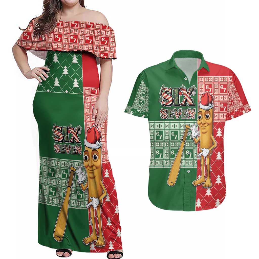 Six Seven Christmas Couples Matching Off Shoulder Maxi Dress and Hawaiian Shirt Funny Tung Tung Tung Sahur - Wonder Print Shop