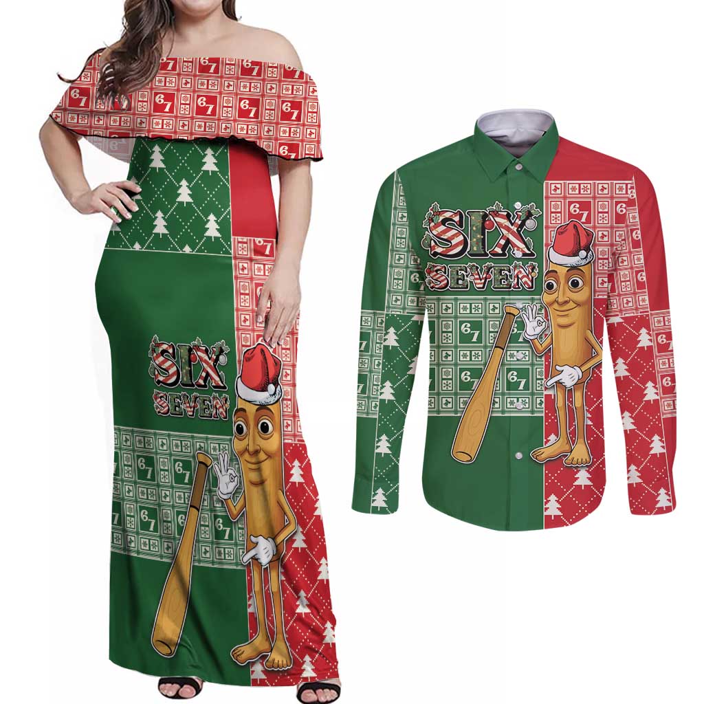 Six Seven Christmas Couples Matching Off Shoulder Maxi Dress and Long Sleeve Button Shirt Funny Tung Tung Tung Sahur - Wonder Print Shop