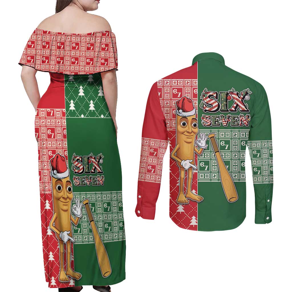 Six Seven Christmas Couples Matching Off Shoulder Maxi Dress and Long Sleeve Button Shirt Funny Tung Tung Tung Sahur - Wonder Print Shop