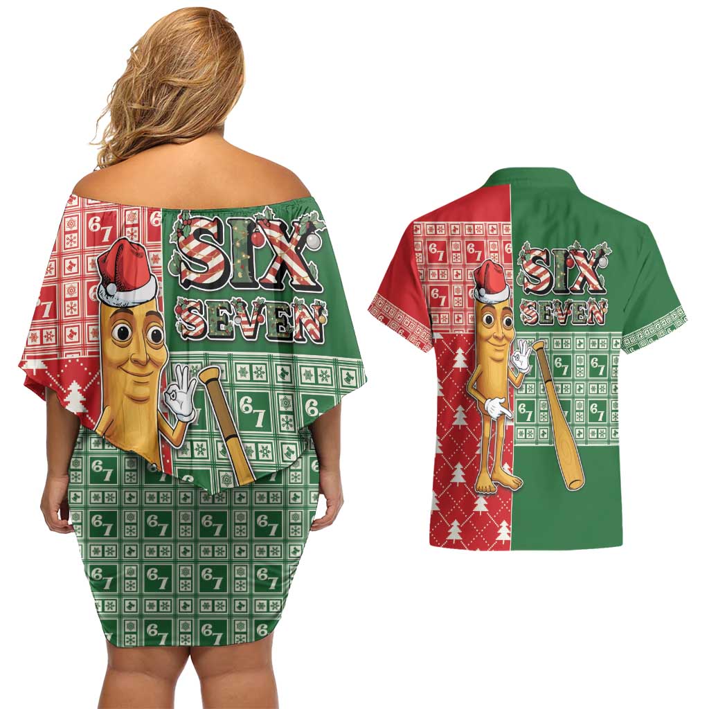 Six Seven Christmas Couples Matching Off Shoulder Short Dress and Hawaiian Shirt Funny Tung Tung Tung Sahur - Wonder Print Shop