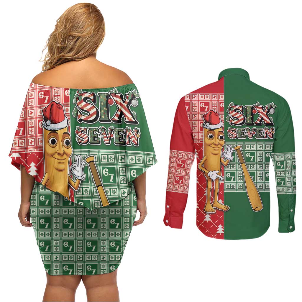 Six Seven Christmas Couples Matching Off Shoulder Short Dress and Long Sleeve Button Shirt Funny Tung Tung Tung Sahur - Wonder Print Shop