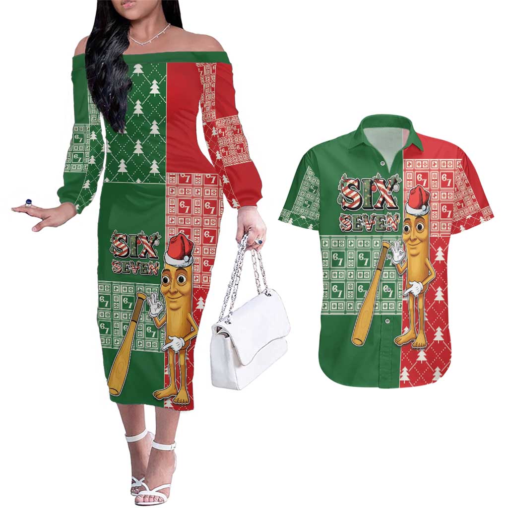 Six Seven Christmas Couples Matching Off The Shoulder Long Sleeve Dress and Hawaiian Shirt Funny Tung Tung Tung Sahur - Wonder Print Shop