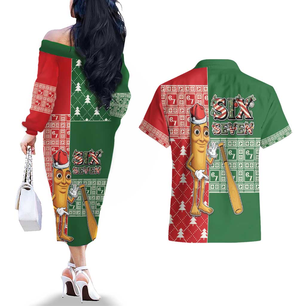 Six Seven Christmas Couples Matching Off The Shoulder Long Sleeve Dress and Hawaiian Shirt Funny Tung Tung Tung Sahur - Wonder Print Shop