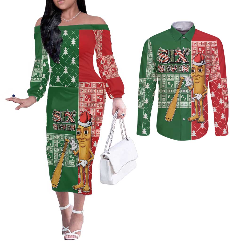 Six Seven Christmas Couples Matching Off The Shoulder Long Sleeve Dress and Long Sleeve Button Shirt Funny Tung Tung Tung Sahur - Wonder Print Shop