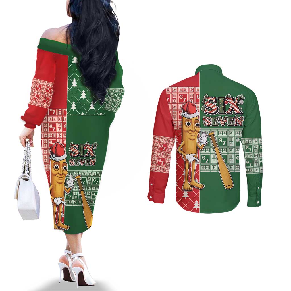 Six Seven Christmas Couples Matching Off The Shoulder Long Sleeve Dress and Long Sleeve Button Shirt Funny Tung Tung Tung Sahur - Wonder Print Shop