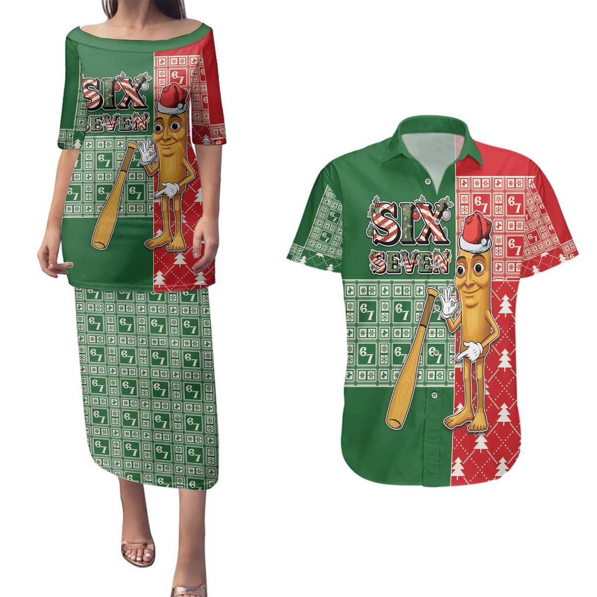 Six Seven Christmas Couples Matching Puletasi and Hawaiian Shirt Funny Tung Tung Tung Sahur - Wonder Print Shop