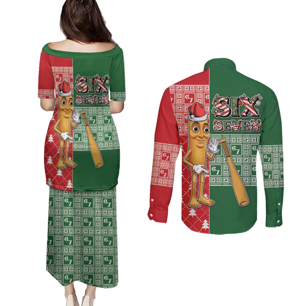 Six Seven Christmas Couples Matching Puletasi and Long Sleeve Button Shirt Funny Tung Tung Tung Sahur - Wonder Print Shop