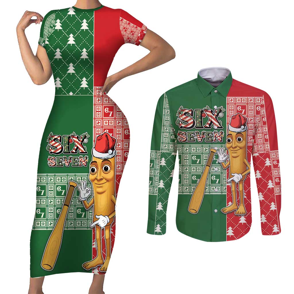 Six Seven Christmas Couples Matching Short Sleeve Bodycon Dress and Long Sleeve Button Shirt Funny Tung Tung Tung Sahur - Wonder Print Shop