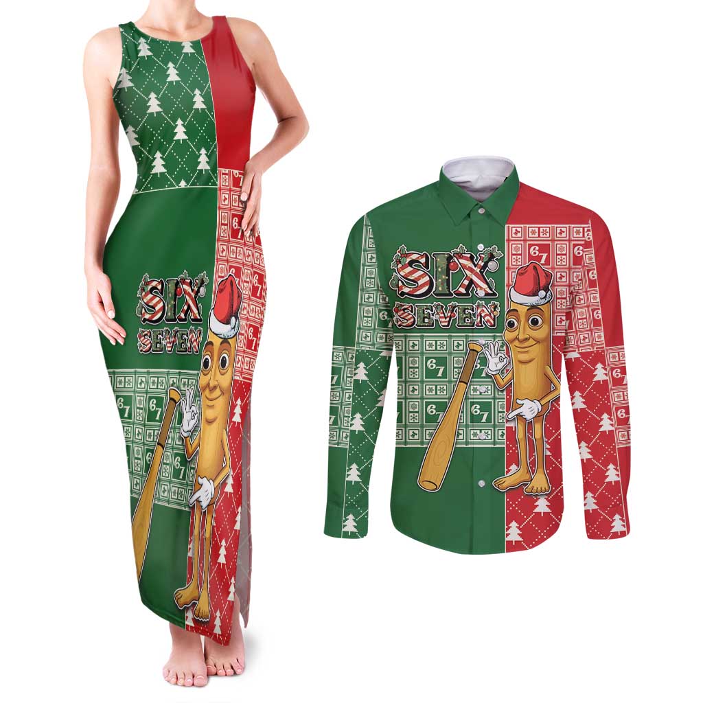 Six Seven Christmas Couples Matching Tank Maxi Dress and Long Sleeve Button Shirt Funny Tung Tung Tung Sahur - Wonder Print Shop