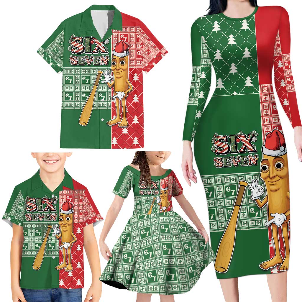 Six Seven Christmas Family Matching Long Sleeve Bodycon Dress and Hawaiian Shirt Funny Tung Tung Tung Sahur - Wonder Print Shop