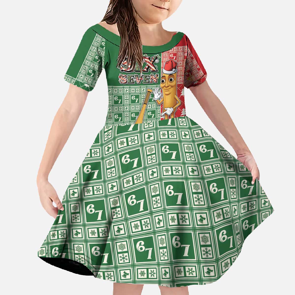 Six Seven Christmas Family Matching Off The Shoulder Long Sleeve Dress and Hawaiian Shirt Funny Tung Tung Tung Sahur - Wonder Print Shop